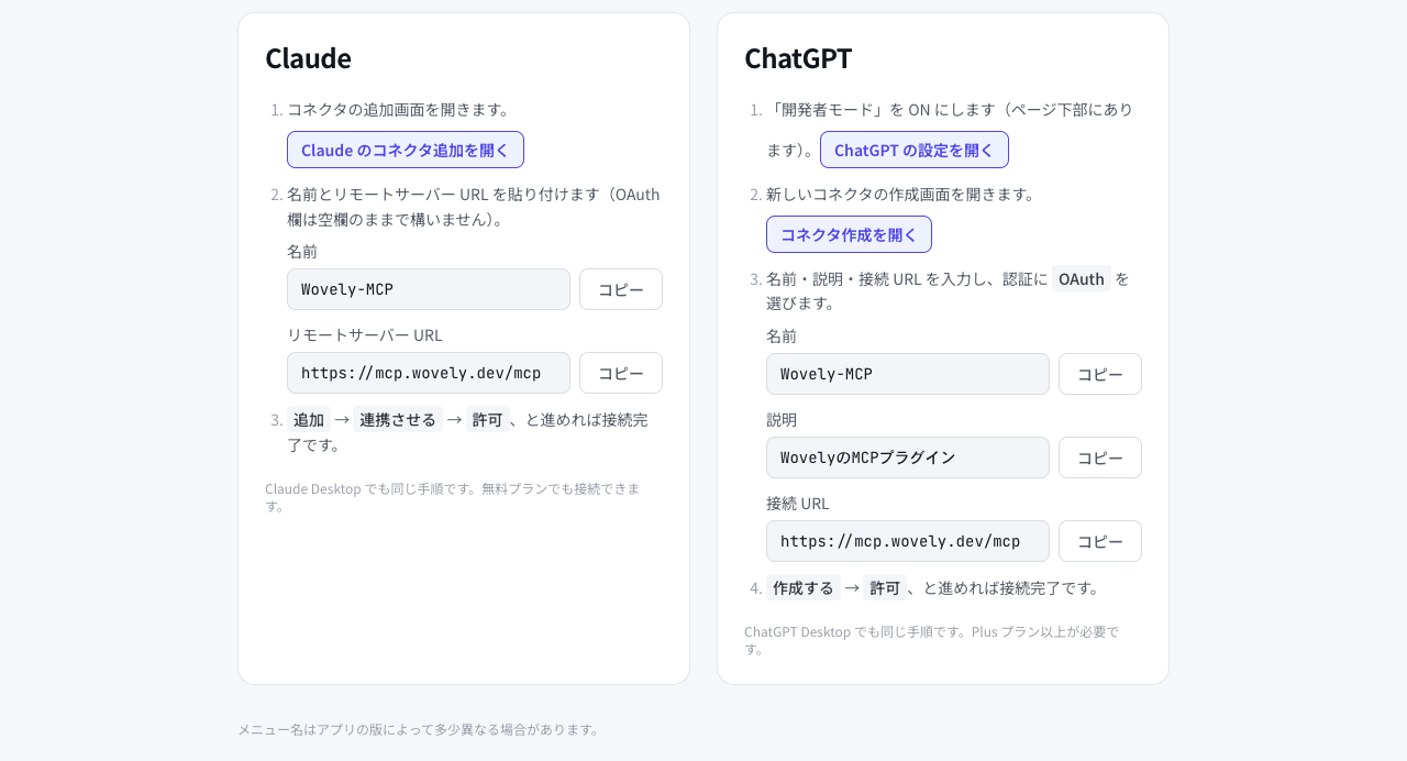 Wovely's connection guide screen (in Japanese). Steps for Claude and ChatGPT sit side by side, each starting from a button. The name and connection URL to paste are shown with copy buttons.