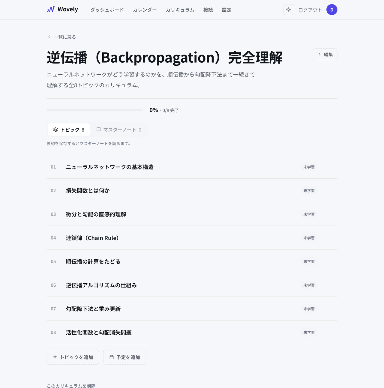 Wovely's curriculum detail screen (in Japanese). All 8 topics of the backpropagation curriculum are listed